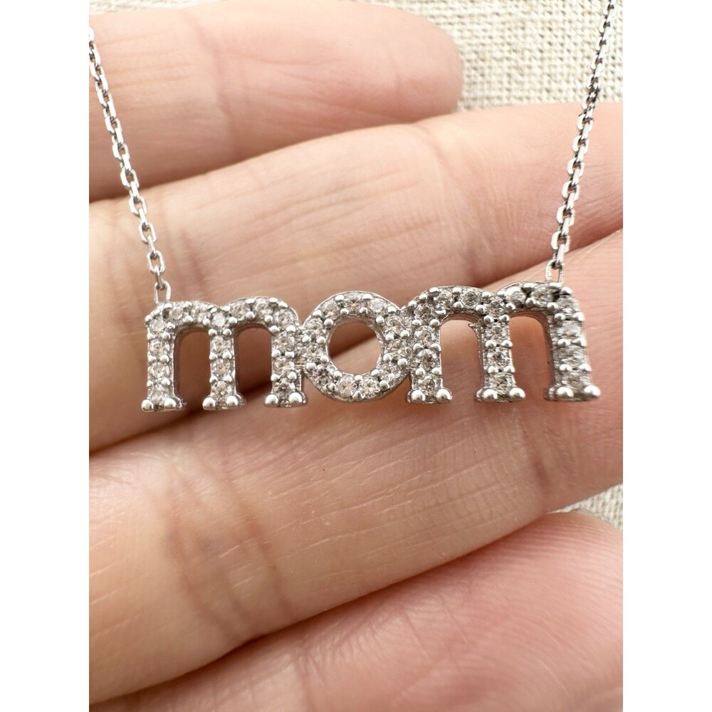 925 Sterling Silver MOM With C Z Necklace 17”